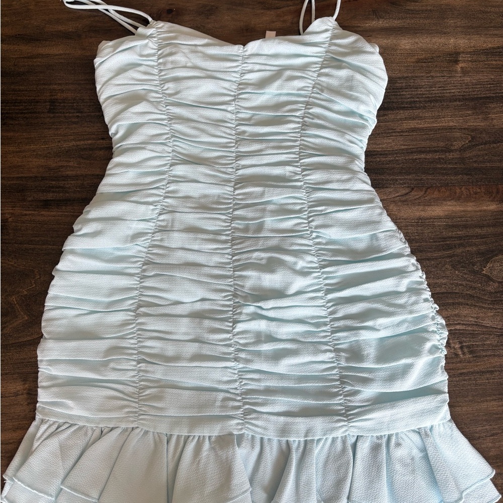 Lucy in the Sky Light Blue Ruched Mini Dress